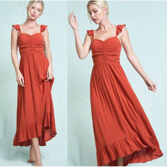 Rust Orange Ruched Sweetheart Neckline Maxi Dress 10 - Picture 1 of 3